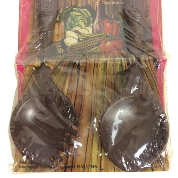 Vintage Salad Fork & Spoon Set Brown Plastic Wood Texture Saladtime Inc 1970s - Picture 2 of 3